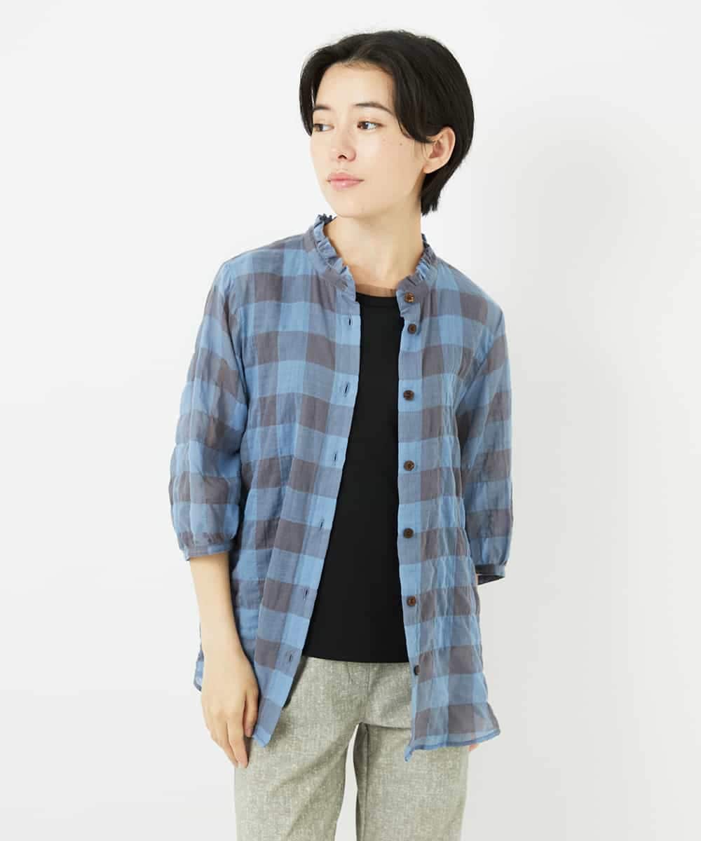 NHBHA12250 GIANNI LO GIUDICE(小さいサイズ)(メゾン ドゥ サンク) シャーリングチェックシャツブラウス イエロー×グリーン