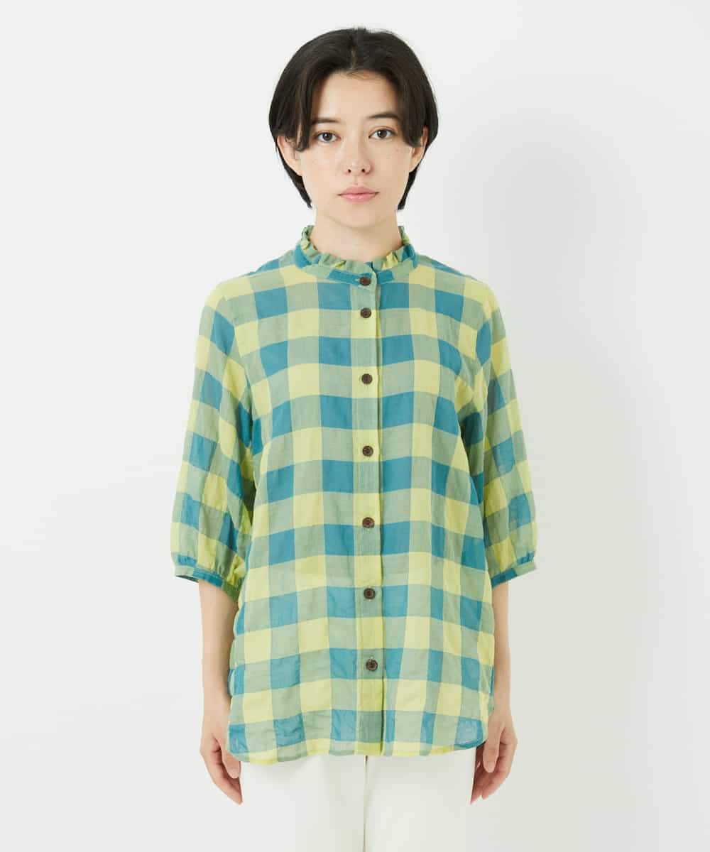 NHBHA12250 GIANNI LO GIUDICE(小さいサイズ)(メゾン ドゥ サンク) シャーリングチェックシャツブラウス イエロー×グリーン