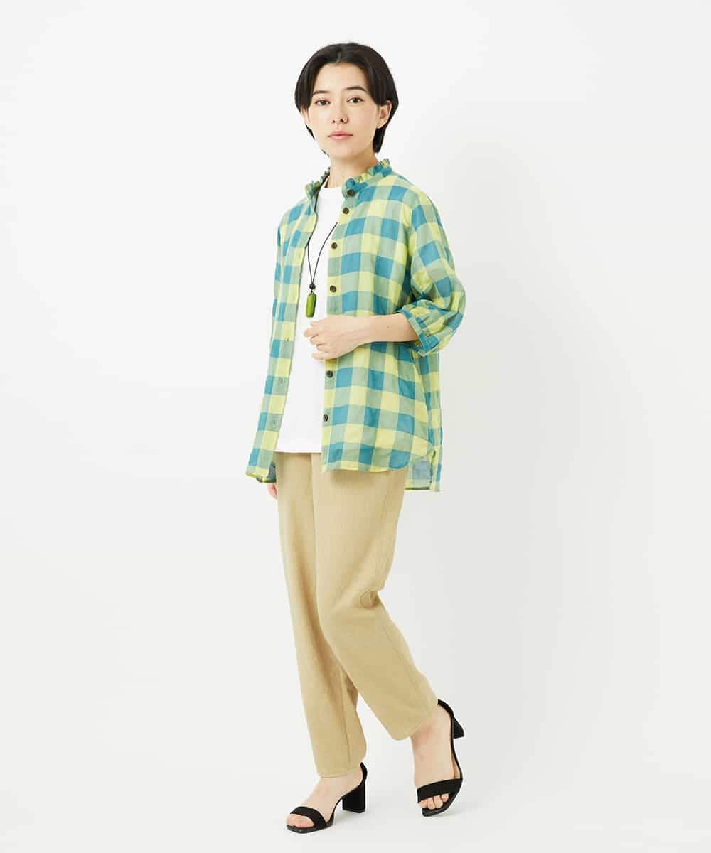 NHBHA12250 GIANNI LO GIUDICE(小さいサイズ)(メゾン ドゥ サンク) シャーリングチェックシャツブラウス イエロー×グリーン