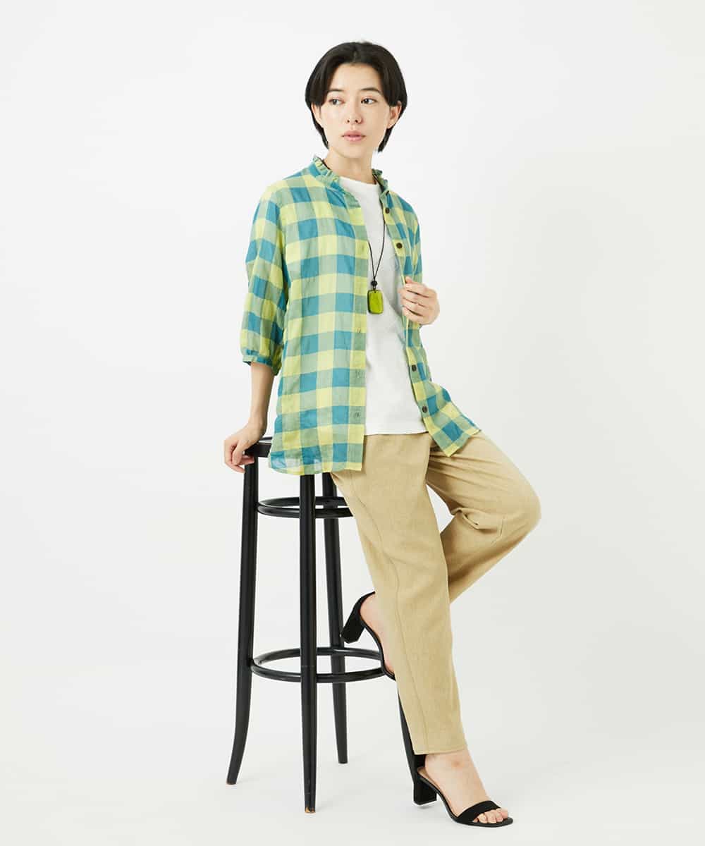 NHBHA12250 GIANNI LO GIUDICE(小さいサイズ)(メゾン ドゥ サンク) シャーリングチェックシャツブラウス イエロー×グリーン