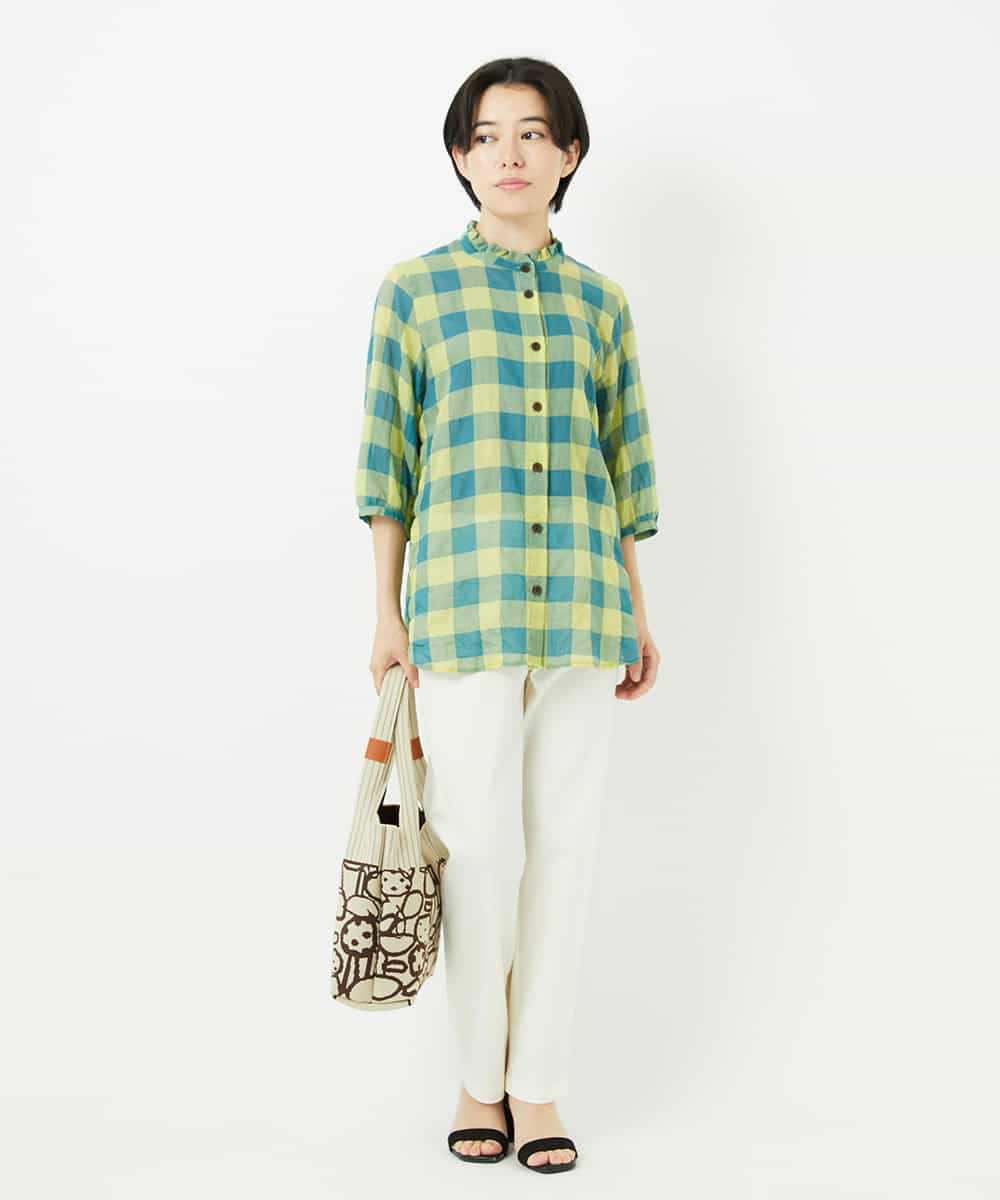 NHBHA12250 GIANNI LO GIUDICE(小さいサイズ)(メゾン ドゥ サンク) シャーリングチェックシャツブラウス イエロー×グリーン
