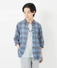 NHBHA12250 GIANNI LO GIUDICE(小さいサイズ)(メゾン ドゥ サンク) シャーリングチェックシャツブラウス ライトブルー×グレー