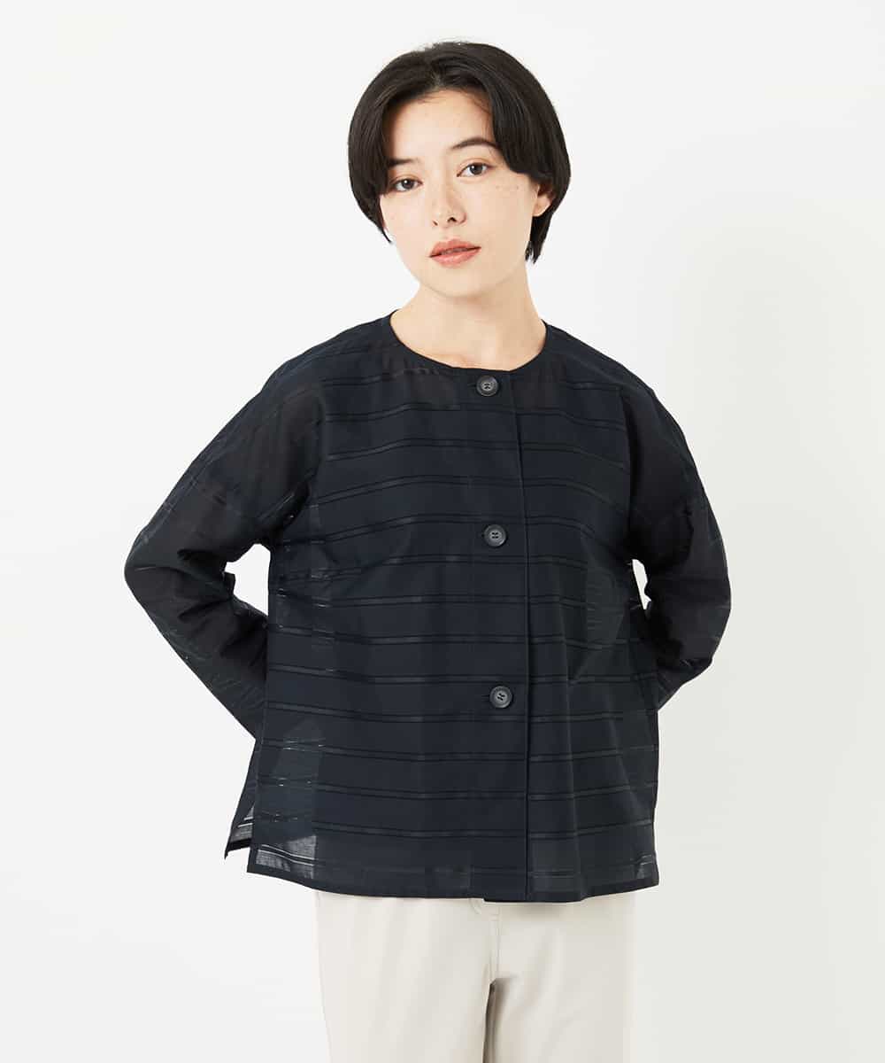 NHBHC97250 GIANNI LO GIUDICE(小さいサイズ)(メゾン ドゥ サンク) ボーダー柄ノーカラーブラウス羽織 ブラック