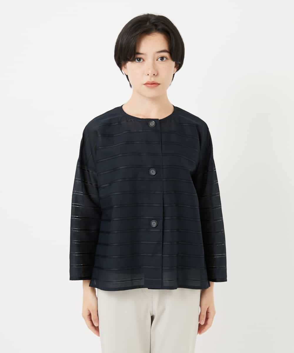 NHBHC97250 GIANNI LO GIUDICE(小さいサイズ)(メゾン ドゥ サンク) ボーダー柄ノーカラーブラウス羽織 ブラック