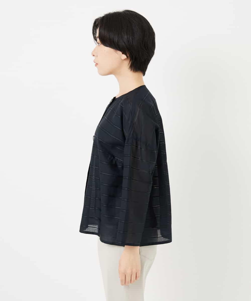 NHBHC97250 GIANNI LO GIUDICE(小さいサイズ)(メゾン ドゥ サンク) ボーダー柄ノーカラーブラウス羽織 ブラック
