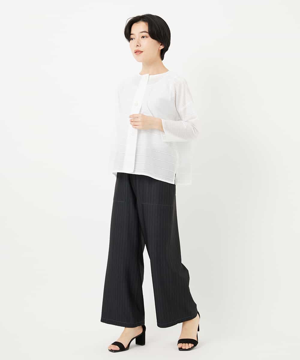 NHBHC97250 GIANNI LO GIUDICE(小さいサイズ)(メゾン ドゥ サンク) ボーダー柄ノーカラーブラウス羽織 ブラック