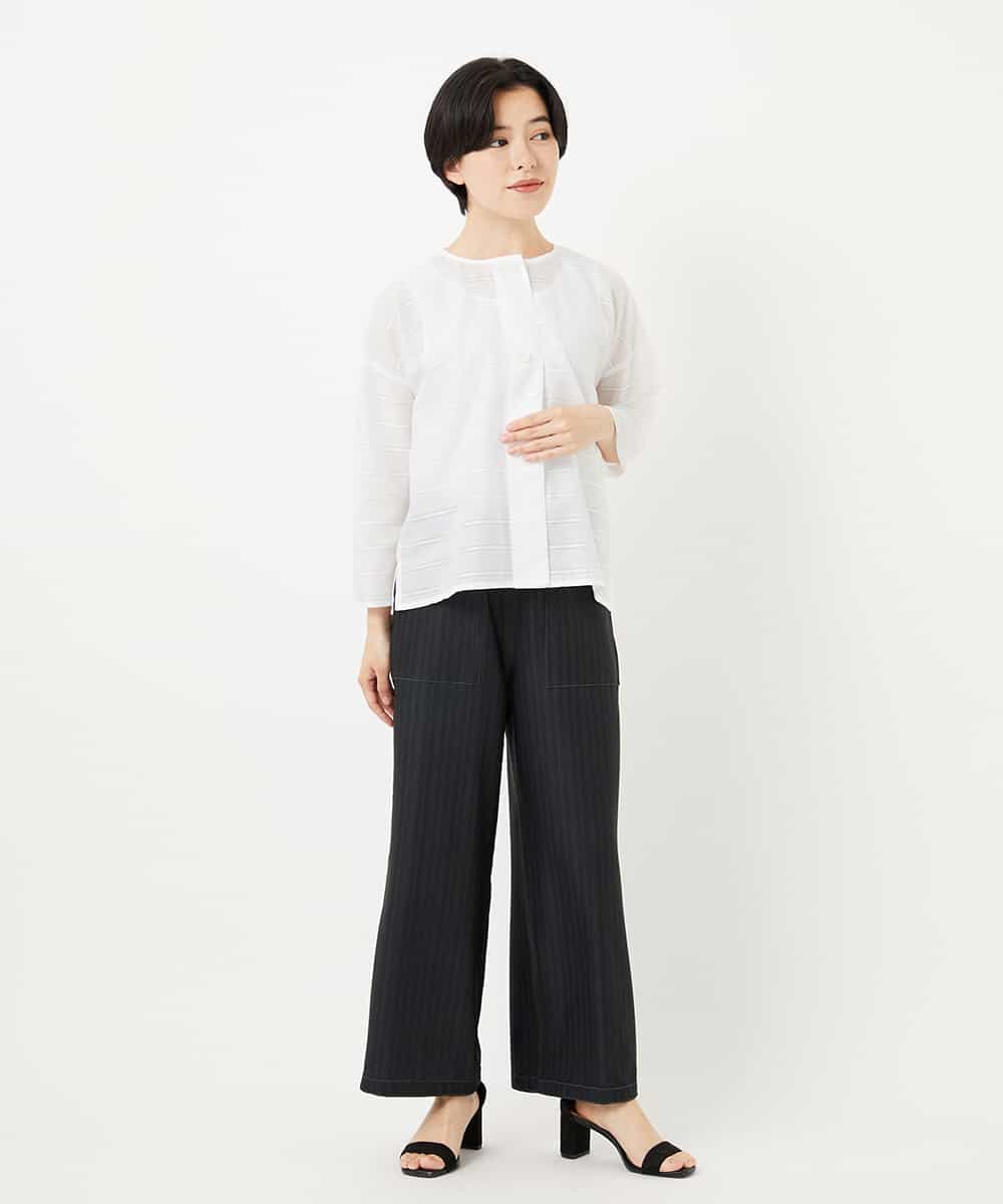 NHBHC97250 GIANNI LO GIUDICE(小さいサイズ)(メゾン ドゥ サンク) ボーダー柄ノーカラーブラウス羽織 ブラック