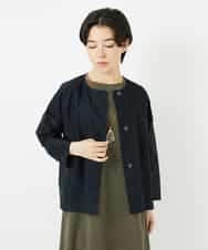 NHBHC97250 GIANNI LO GIUDICE(小さいサイズ)(メゾン ドゥ サンク) ボーダー柄ノーカラーブラウス羽織 ブラック