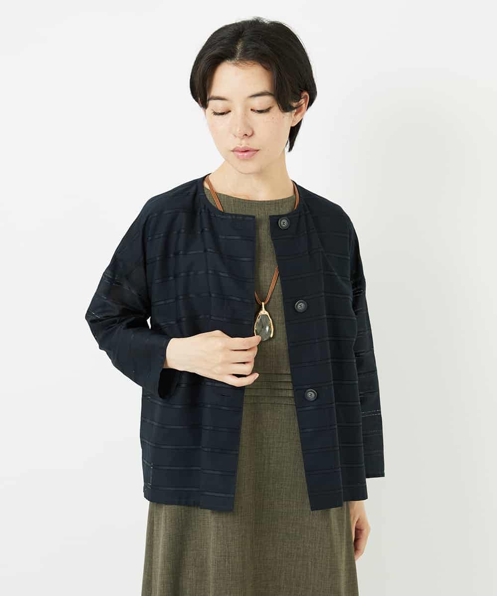 NHBHC97250 GIANNI LO GIUDICE(小さいサイズ)(メゾン ドゥ サンク) ボーダー柄ノーカラーブラウス羽織 ブラック