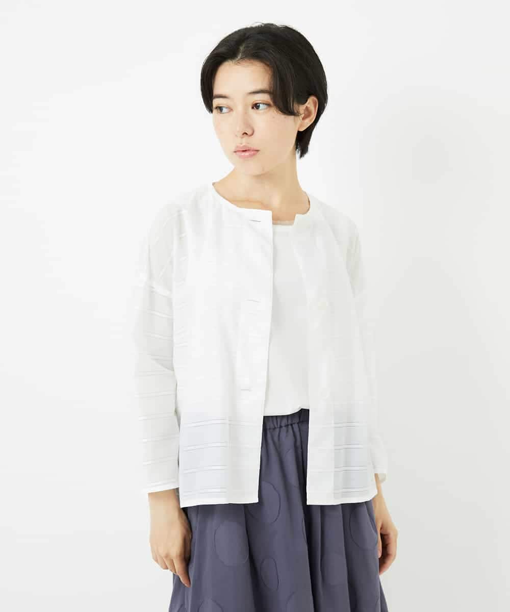 NHBHC97250 GIANNI LO GIUDICE(小さいサイズ)(メゾン ドゥ サンク) ボーダー柄ノーカラーブラウス羽織 ブラック