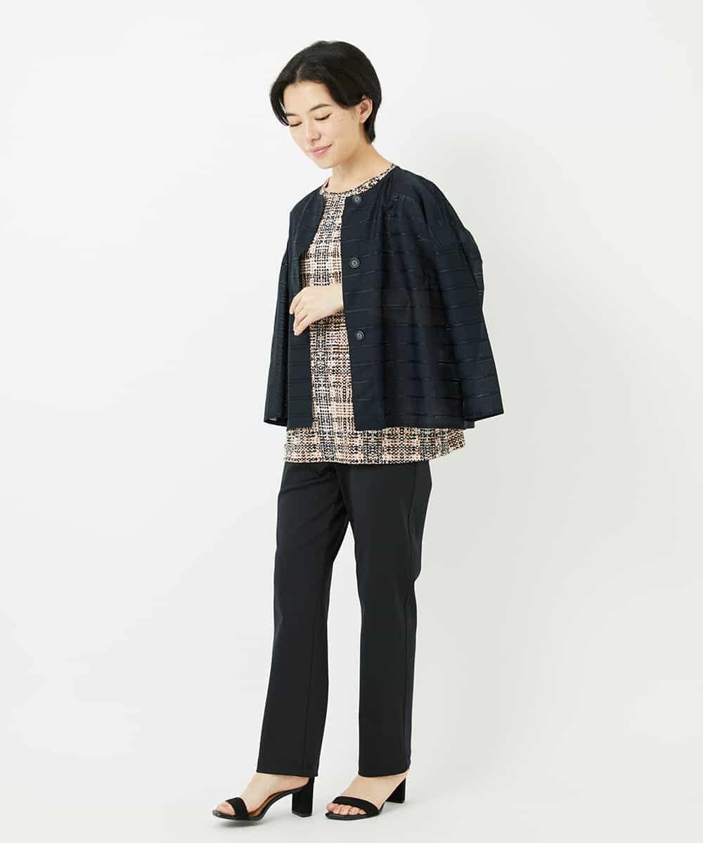NHBHC97250 GIANNI LO GIUDICE(小さいサイズ)(メゾン ドゥ サンク) ボーダー柄ノーカラーブラウス羽織 ブラック