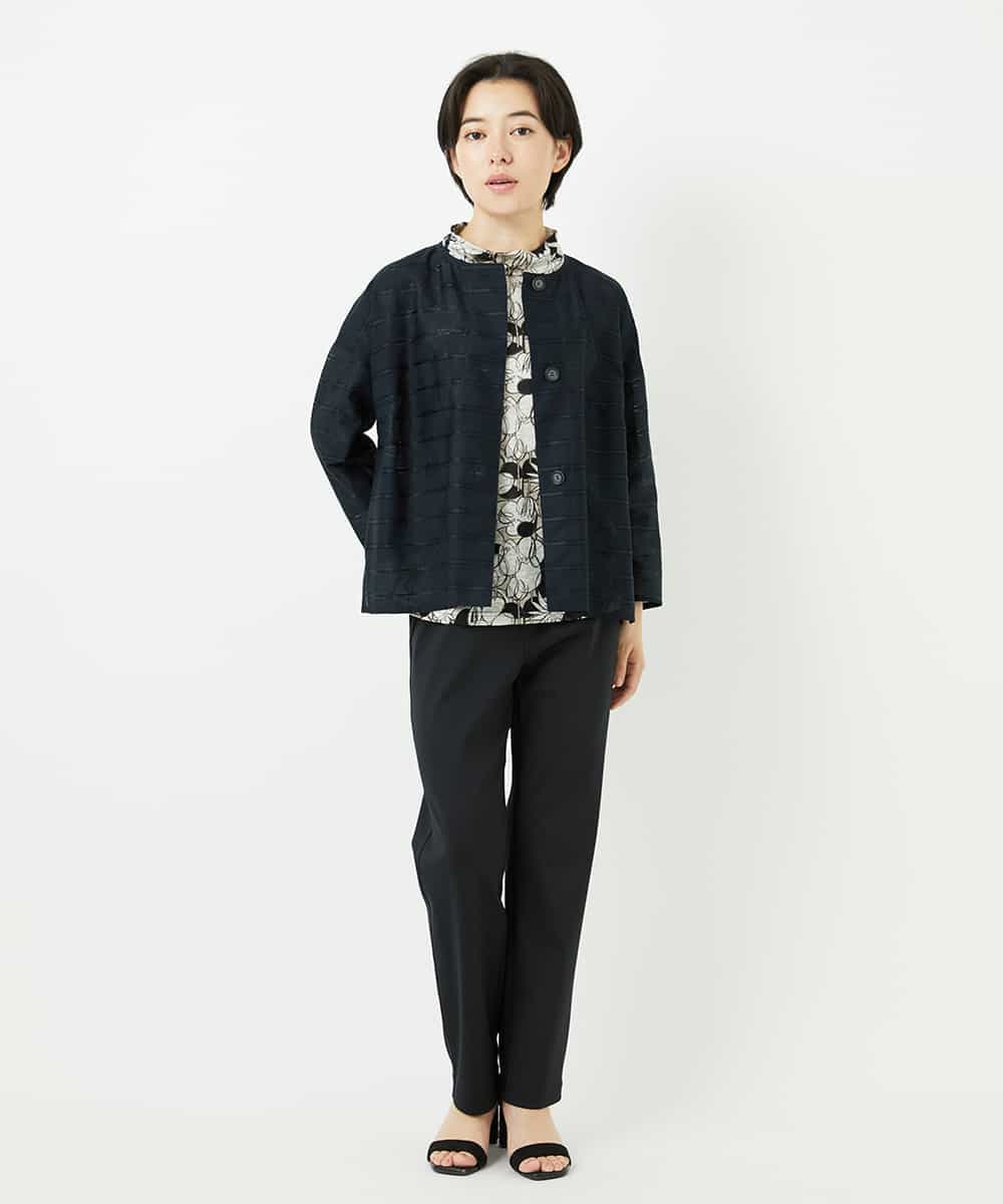 NHBHC97250 GIANNI LO GIUDICE(小さいサイズ)(メゾン ドゥ サンク) ボーダー柄ノーカラーブラウス羽織 ブラック