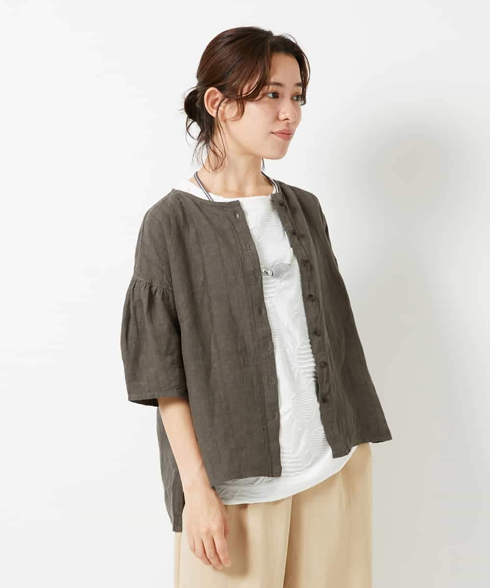 NHBHD66290 GIANNI LO GIUDICE(小さいサイズ)(メゾン ドゥ サンク) 麻ストライプブラウス カーキ