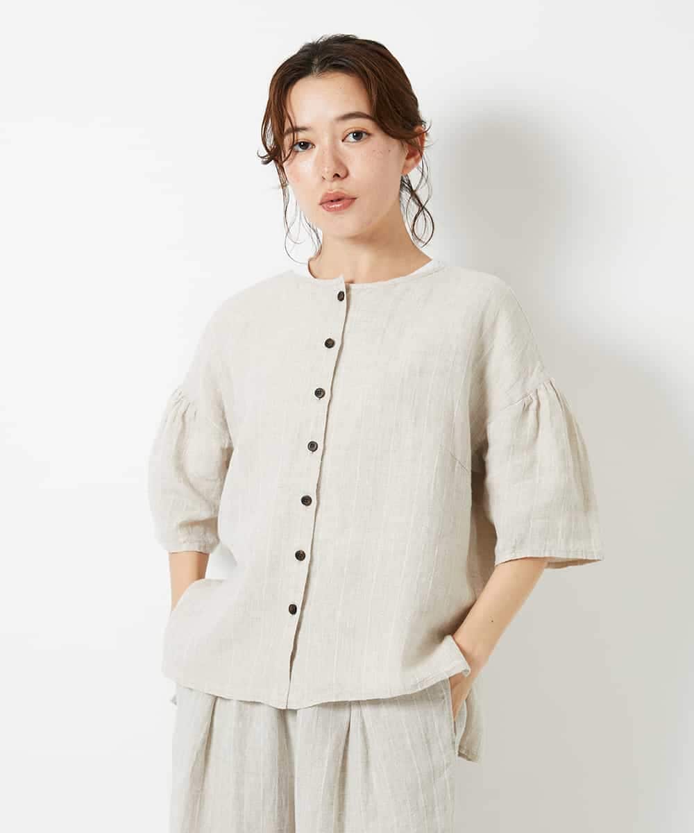 NHBHD66290 GIANNI LO GIUDICE(小さいサイズ)(メゾン ドゥ サンク) 麻ストライプブラウス ベージュ