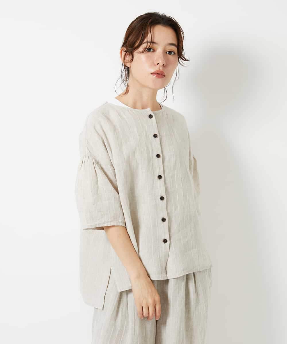 NHBHD66290 GIANNI LO GIUDICE(小さいサイズ)(メゾン ドゥ サンク) 麻ストライプブラウス ベージュ