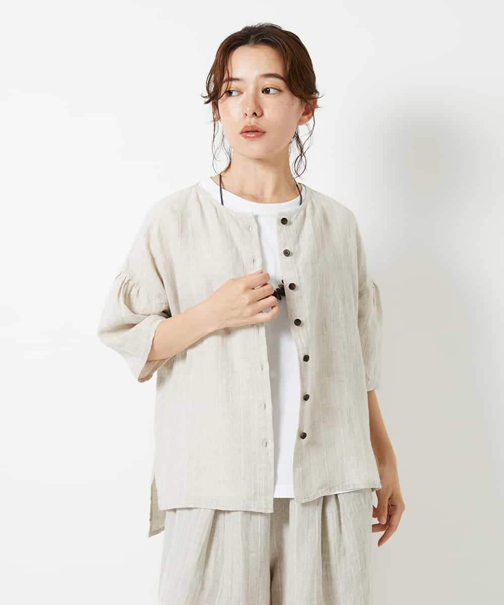 NHBHD66290 GIANNI LO GIUDICE(小さいサイズ)(メゾン ドゥ サンク) 麻ストライプブラウス ベージュ