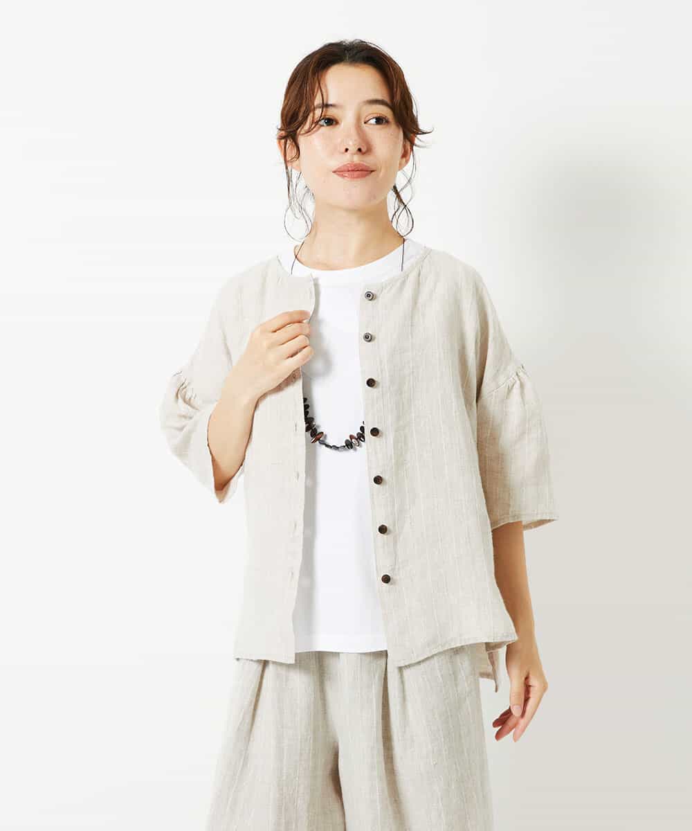 NHBHD66290 GIANNI LO GIUDICE(小さいサイズ)(メゾン ドゥ サンク) 麻ストライプブラウス ベージュ