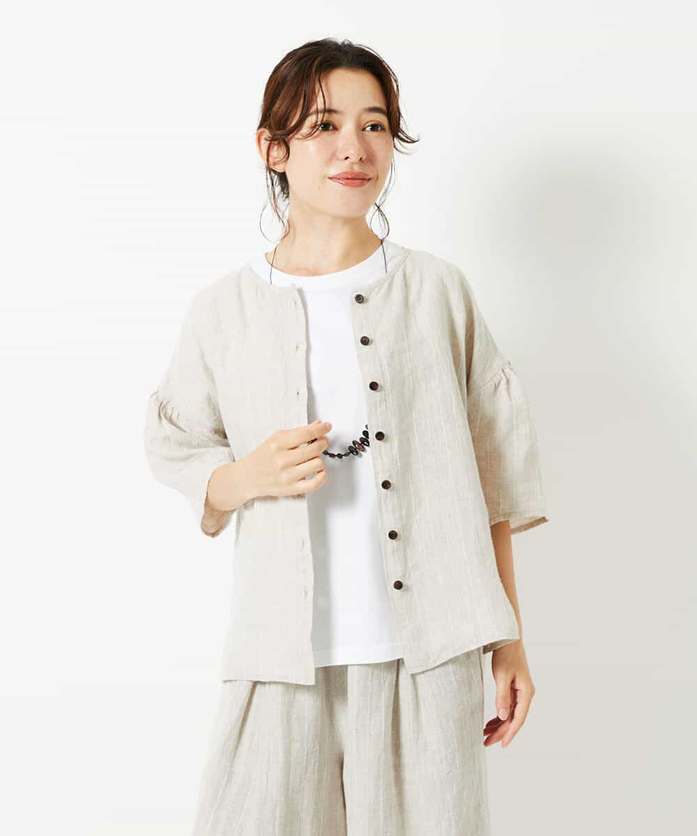 NHBHD66290 GIANNI LO GIUDICE(小さいサイズ)(メゾン ドゥ サンク) 麻ストライプブラウス ベージュ