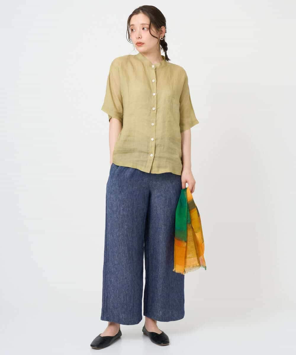 NHBHE60230 GIANNI LO GIUDICE(小さいサイズ)(メゾン ドゥ サンク) 麻シャンブレープリントブラウス ベイエローベージュ