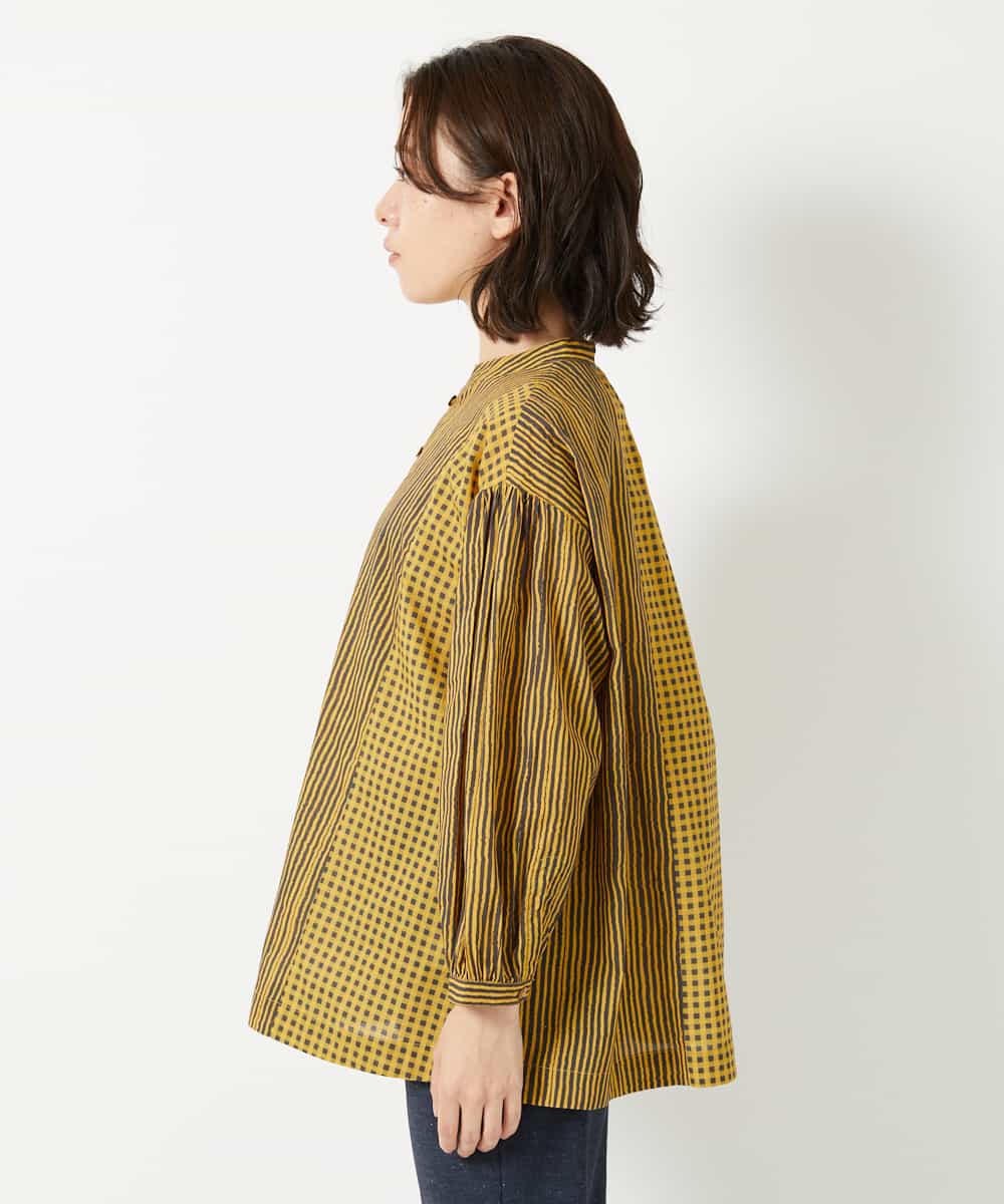 NHBHE61210 GIANNI LO GIUDICE(小さいサイズ)(メゾン ドゥ サンク) コットンストライプギンガムギャザーブラウス イエロー