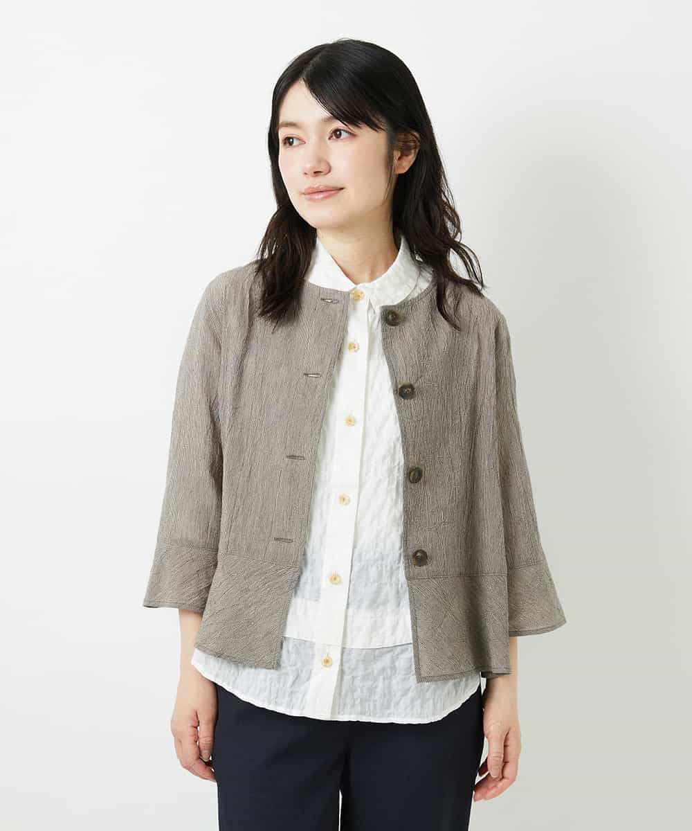 NHBHF80270 GIANNI LO GIUDICE(小さいサイズ)(メゾン ドゥ サンク) 綿麻ワッシャーペプラムデザインブラウス ブラウン