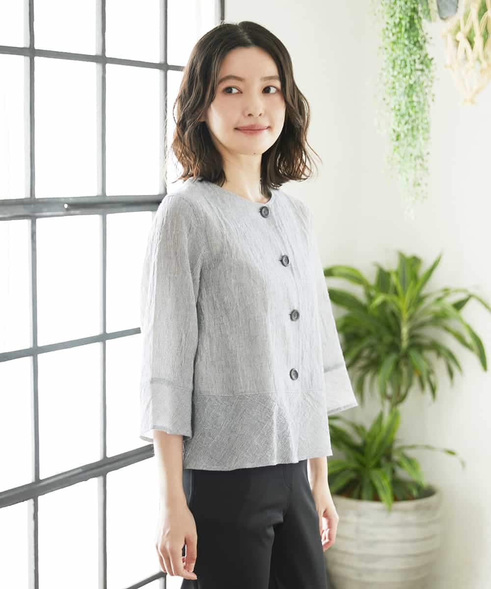 NHBHF80270 GIANNI LO GIUDICE(小さいサイズ)(メゾン ドゥ サンク) 綿麻ワッシャーペプラムデザインブラウス ブラウン