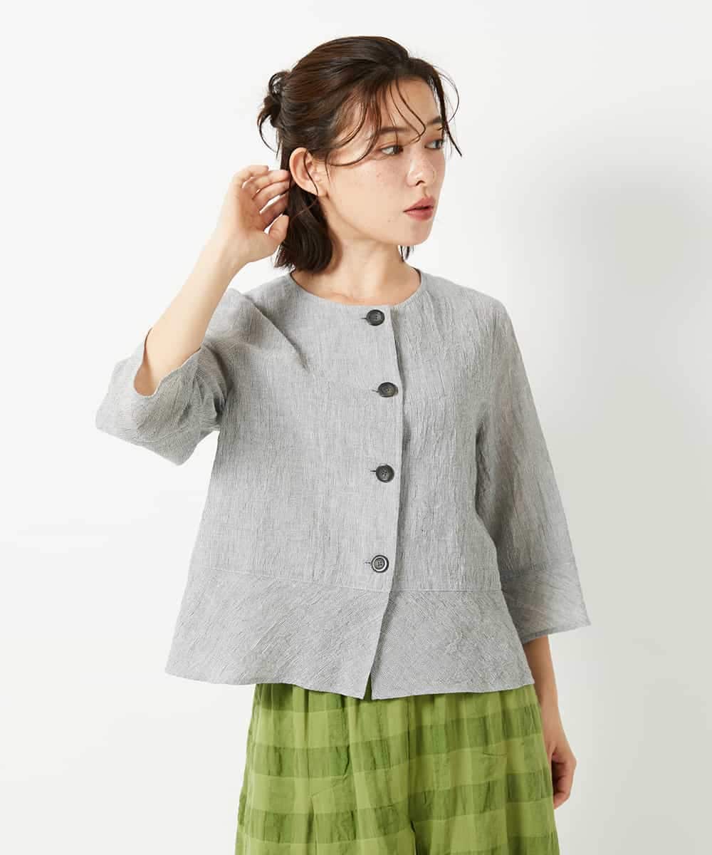 NHBHF80270 GIANNI LO GIUDICE(小さいサイズ)(メゾン ドゥ サンク) 綿麻ワッシャーペプラムデザインブラウス ブラウン