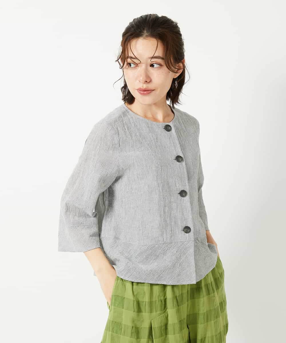 NHBHF80270 GIANNI LO GIUDICE(小さいサイズ)(メゾン ドゥ サンク) 綿麻ワッシャーペプラムデザインブラウス ブラウン