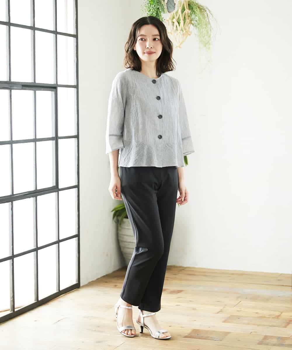 NHBHF80270 GIANNI LO GIUDICE(小さいサイズ)(メゾン ドゥ サンク) 綿麻ワッシャーペプラムデザインブラウス ブラウン