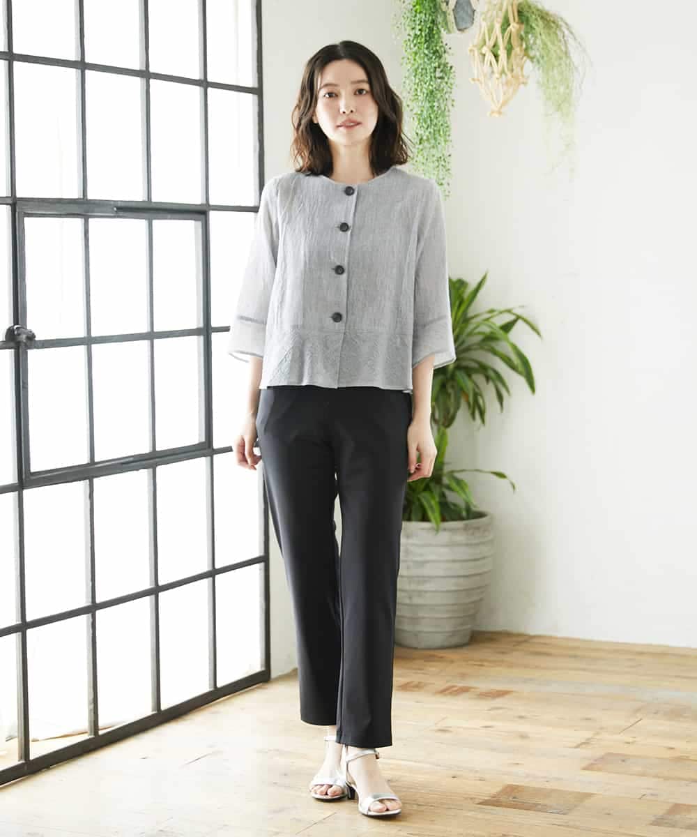 NHBHF80270 GIANNI LO GIUDICE(小さいサイズ)(メゾン ドゥ サンク) 綿麻ワッシャーペプラムデザインブラウス ブラウン