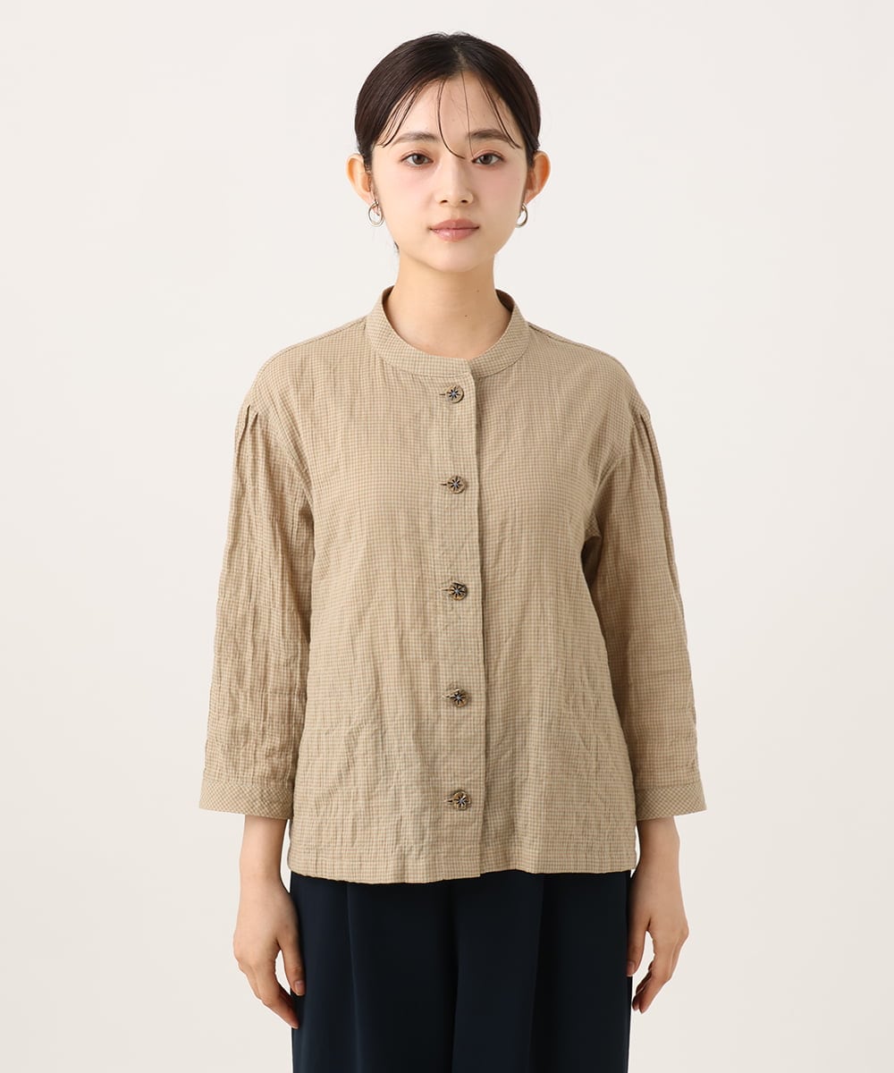 NHBHF83230 GIANNI LO GIUDICE(小さいサイズ)(メゾン ドゥ サンク) オーガニックシャーリングギンガムブラウス グリーン系