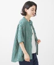 NHBHW03250 GIANNI LO GIUDICE(小さいサイズ)(メゾン ドゥ サンク) 先染めギンガムチェック綿麻ブラウス グリーン