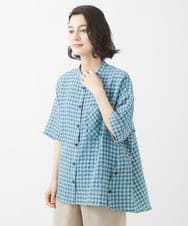 NHBHW03250 GIANNI LO GIUDICE(小さいサイズ)(メゾン ドゥ サンク) 先染めギンガムチェック綿麻ブラウス ブルー