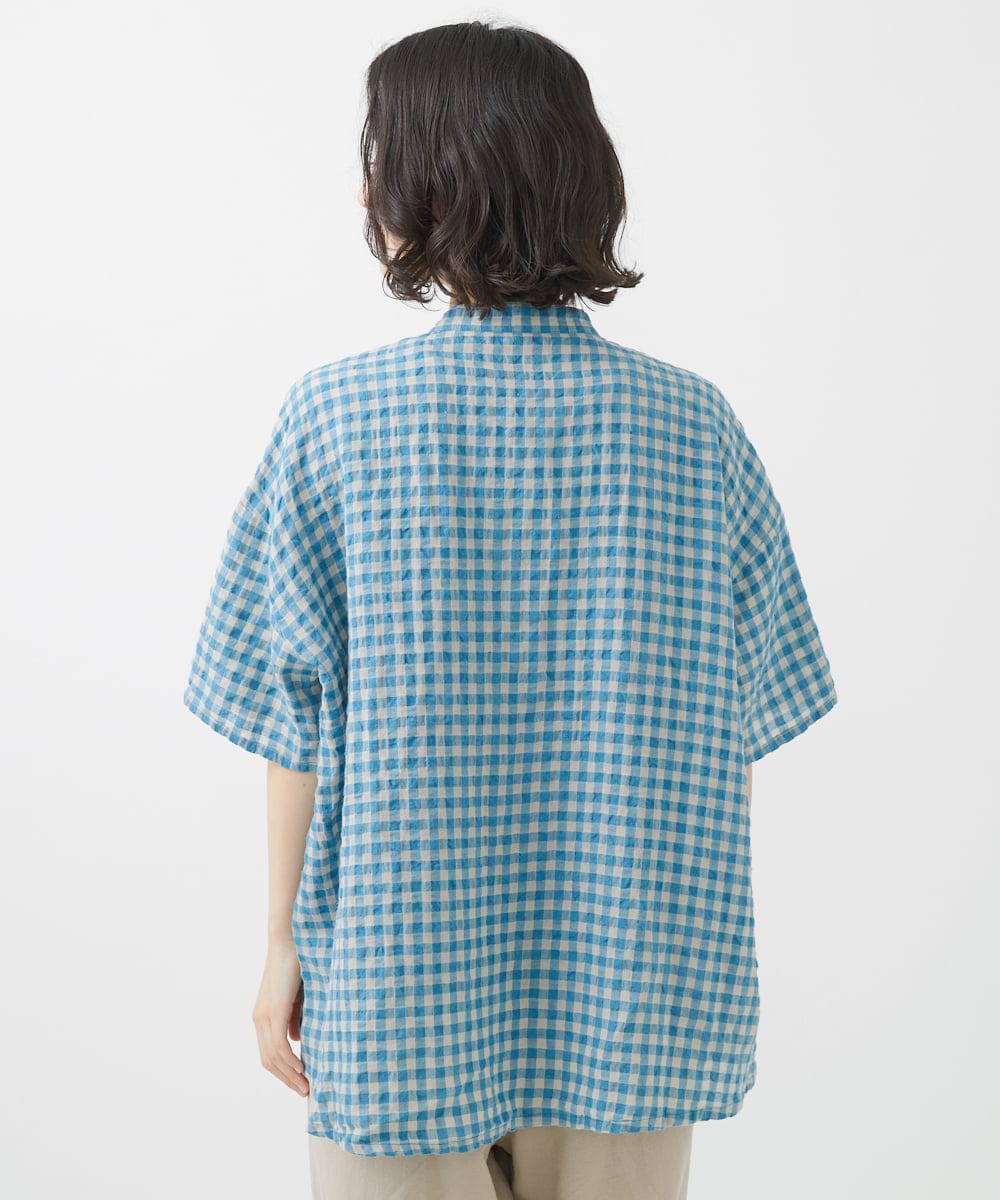 NHBHW03250 GIANNI LO GIUDICE(小さいサイズ)(メゾン ドゥ サンク) 先染めギンガムチェック綿麻ブラウス ブルー