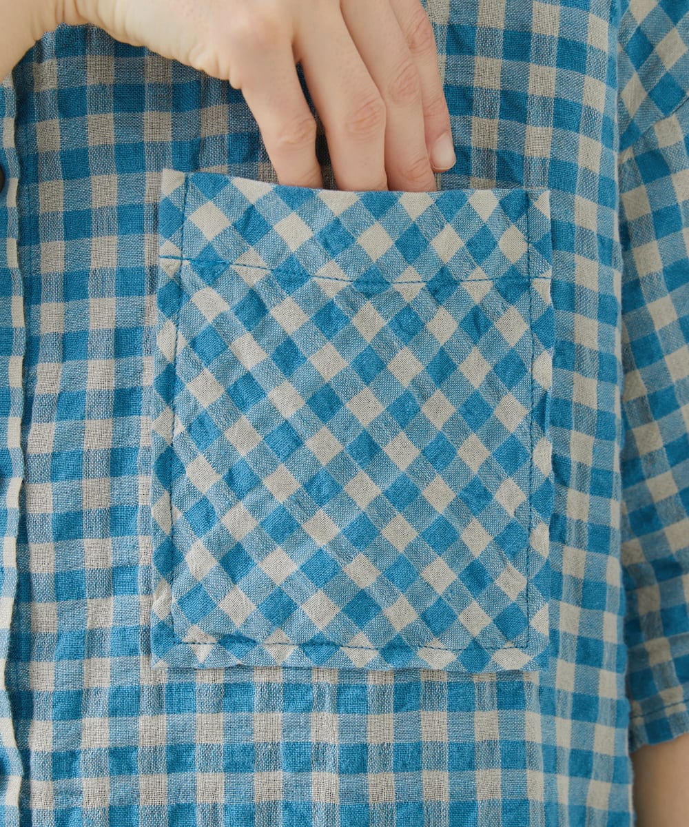 NHBHW03250 GIANNI LO GIUDICE(小さいサイズ)(メゾン ドゥ サンク) 先染めギンガムチェック綿麻ブラウス ブルー