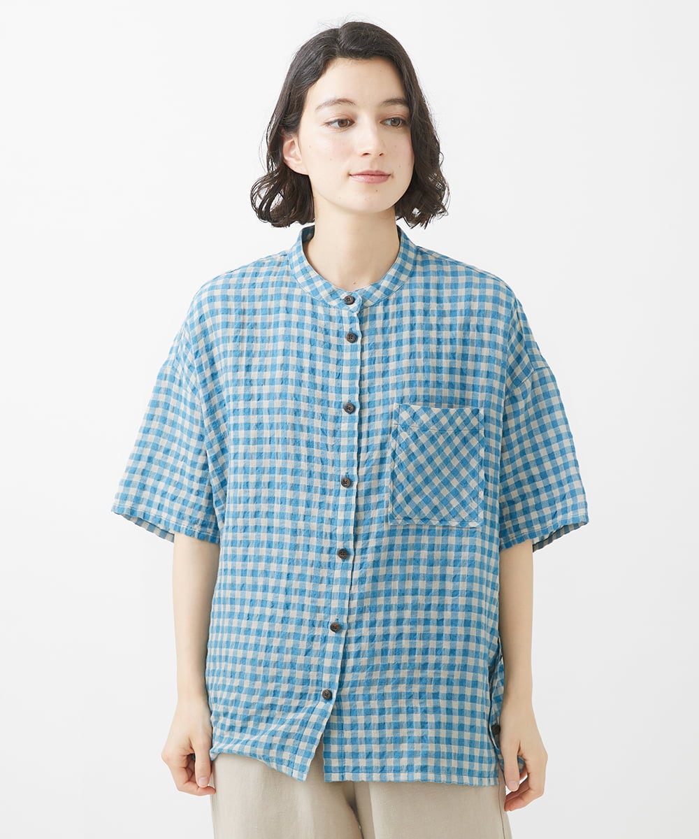 NHBHW03250 GIANNI LO GIUDICE(小さいサイズ)(メゾン ドゥ サンク) 先染めギンガムチェック綿麻ブラウス ブルー