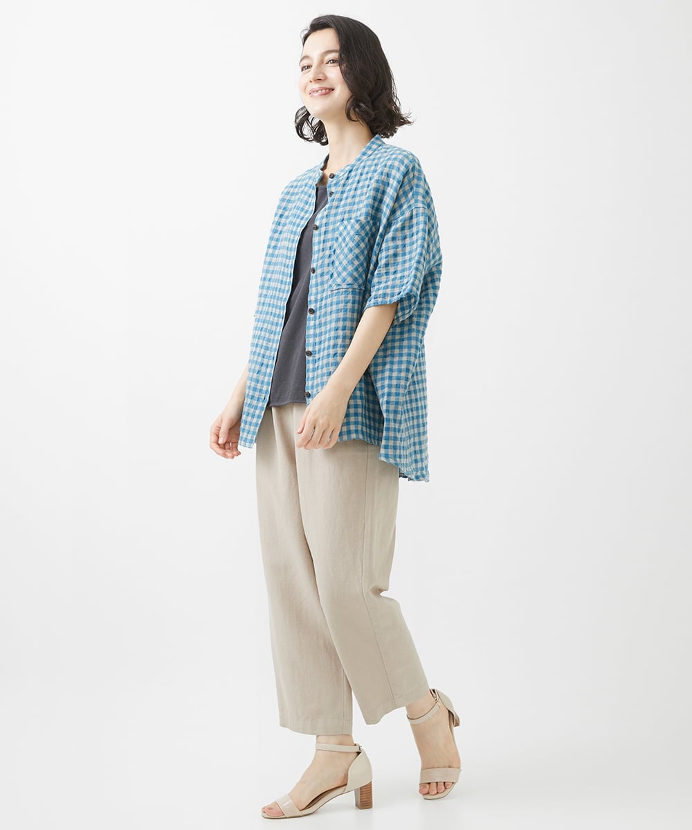 NHBHW03250 GIANNI LO GIUDICE(小さいサイズ)(メゾン ドゥ サンク) 先染めギンガムチェック綿麻ブラウス ブルー