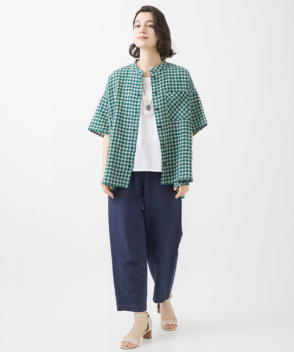 NHBHW03250 GIANNI LO GIUDICE(小さいサイズ)(メゾン ドゥ サンク) 先染めギンガムチェック綿麻ブラウス ブルー