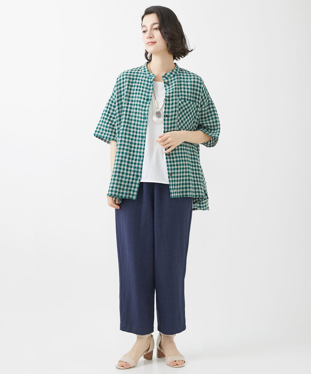 NHBHW03250 GIANNI LO GIUDICE(小さいサイズ)(メゾン ドゥ サンク) 先染めギンガムチェック綿麻ブラウス ブルー