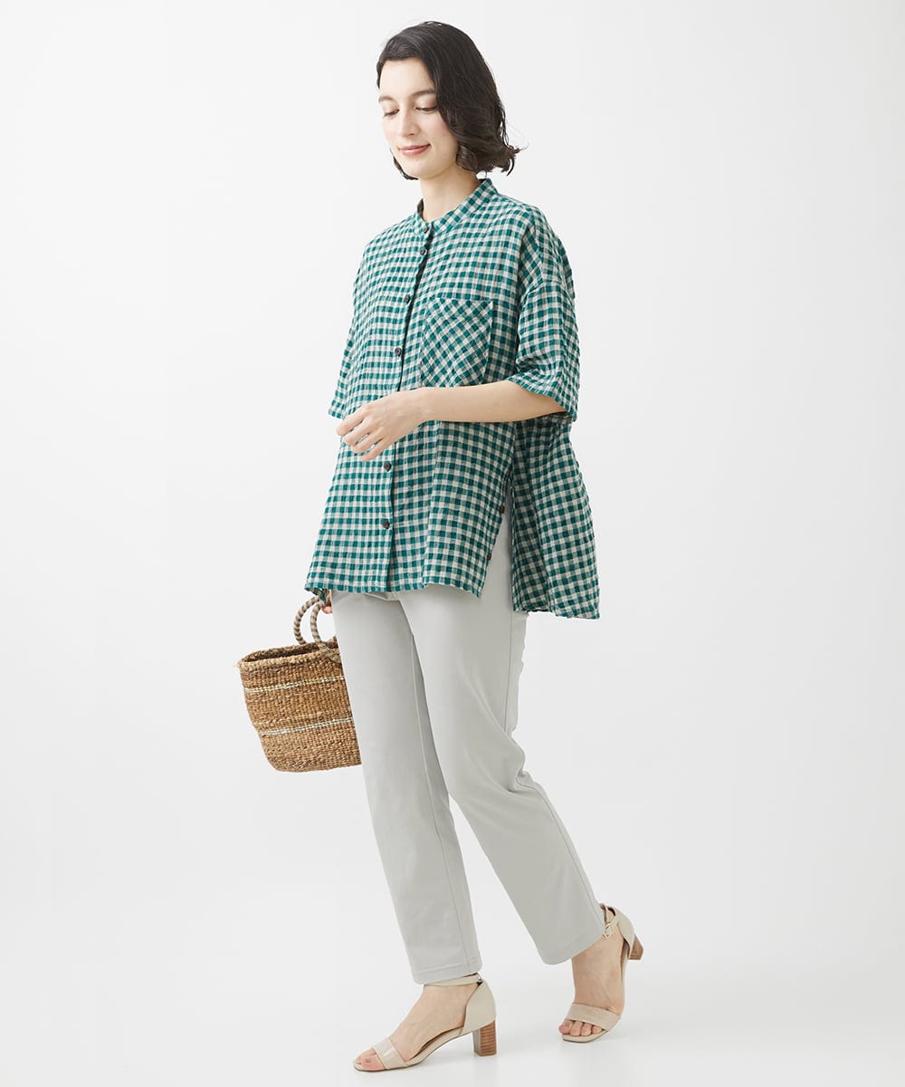 NHBHW03250 GIANNI LO GIUDICE(小さいサイズ)(メゾン ドゥ サンク) 先染めギンガムチェック綿麻ブラウス ブルー