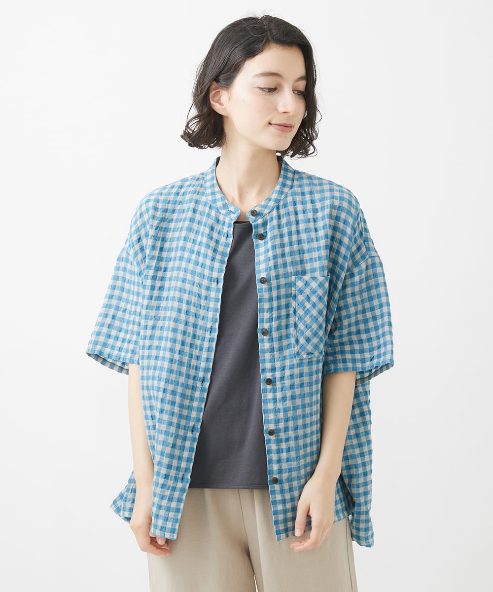 NHBHW03250 GIANNI LO GIUDICE(小さいサイズ)(メゾン ドゥ サンク) 先染めギンガムチェック綿麻ブラウス ブルー