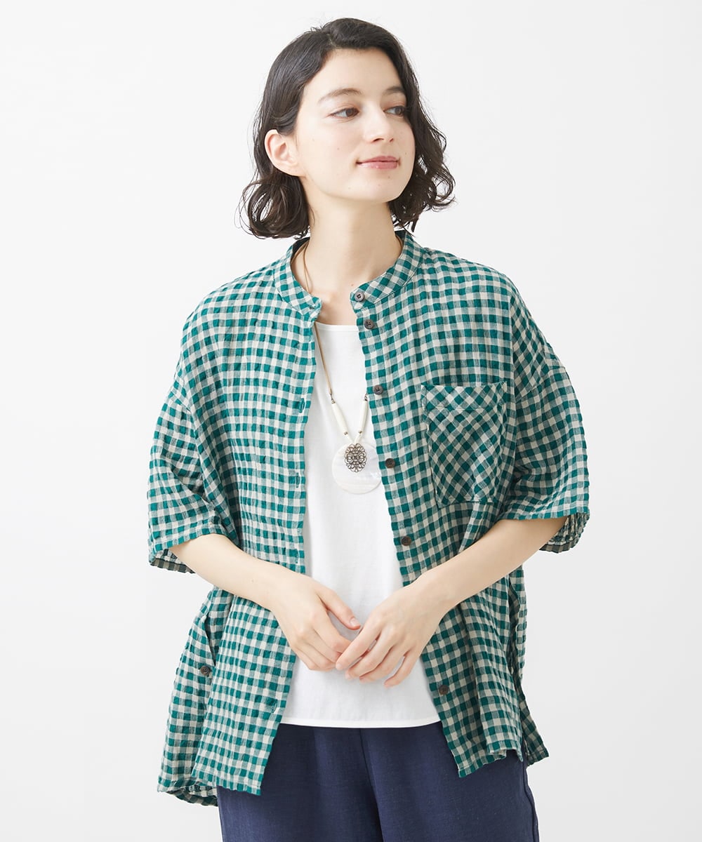 NHBHW03250 GIANNI LO GIUDICE(小さいサイズ)(メゾン ドゥ サンク) 先染めギンガムチェック綿麻ブラウス ブルー