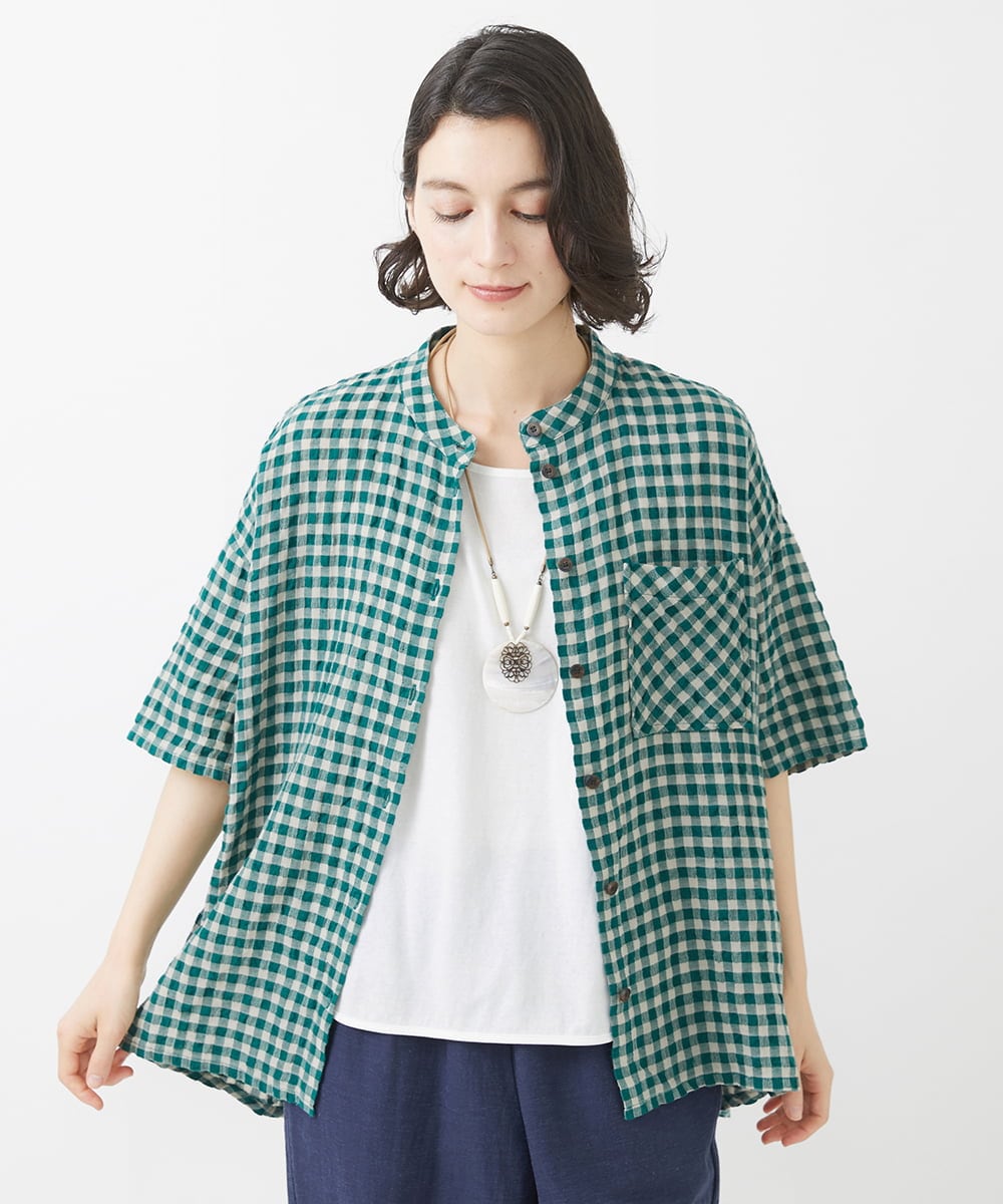 NHBHW03250 GIANNI LO GIUDICE(小さいサイズ)(メゾン ドゥ サンク) 先染めギンガムチェック綿麻ブラウス ブルー