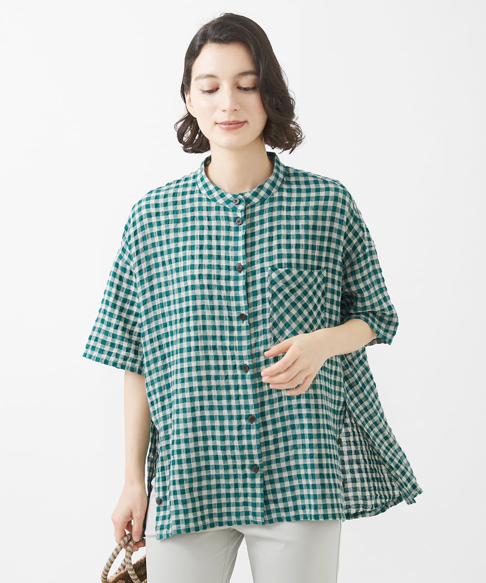 NHBHW03250 GIANNI LO GIUDICE(小さいサイズ)(メゾン ドゥ サンク) 先染めギンガムチェック綿麻ブラウス ブルー