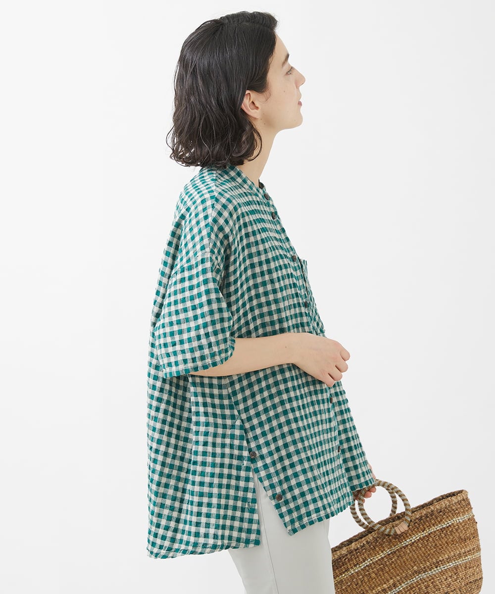 NHBHW03250 GIANNI LO GIUDICE(小さいサイズ)(メゾン ドゥ サンク) 先染めギンガムチェック綿麻ブラウス ブルー