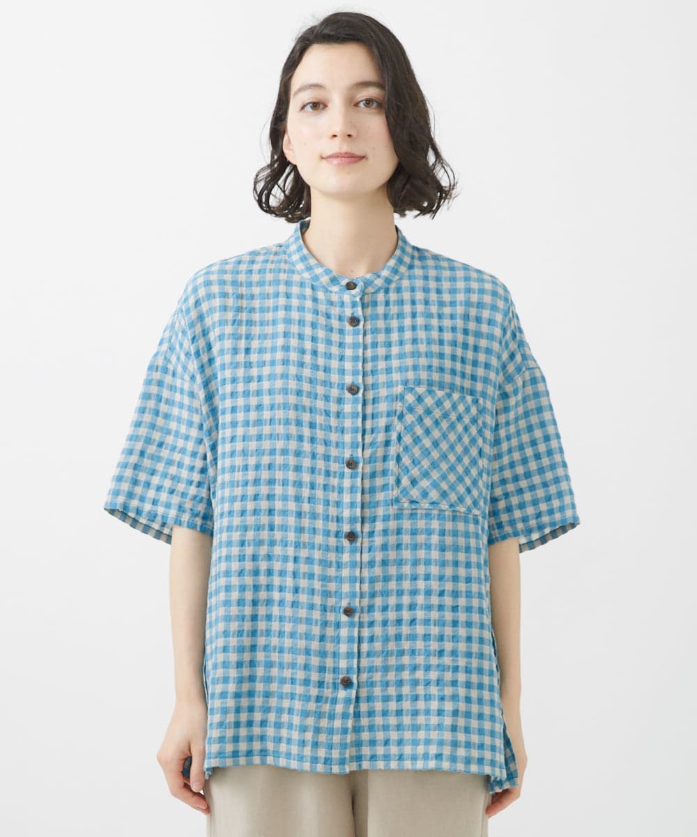 NHBHW03250 GIANNI LO GIUDICE(小さいサイズ)(メゾン ドゥ サンク) 先染めギンガムチェック綿麻ブラウス ブルー
