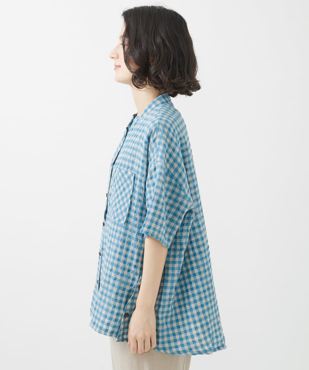 NHBHW03250 GIANNI LO GIUDICE(小さいサイズ)(メゾン ドゥ サンク) 先染めギンガムチェック綿麻ブラウス ブルー