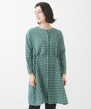 NHBHW04330 GIANNI LO GIUDICE(小さいサイズ)(メゾン ドゥ サンク) 先染めギンガムチェック綿麻ロングブラウス グリーン