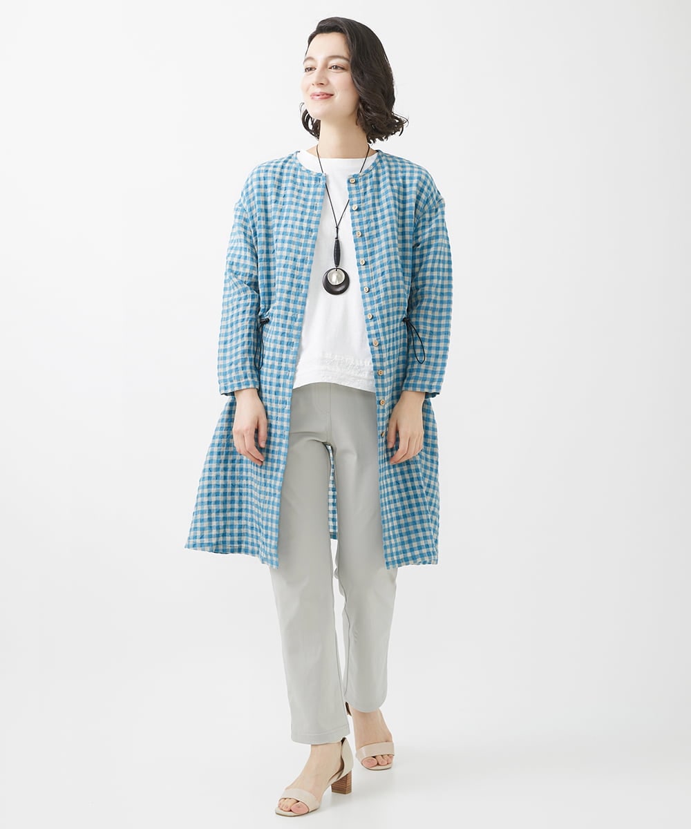 NHBHW04330 GIANNI LO GIUDICE(小さいサイズ)(メゾン ドゥ サンク) 先染めギンガムチェック綿麻ロングブラウス ブルー