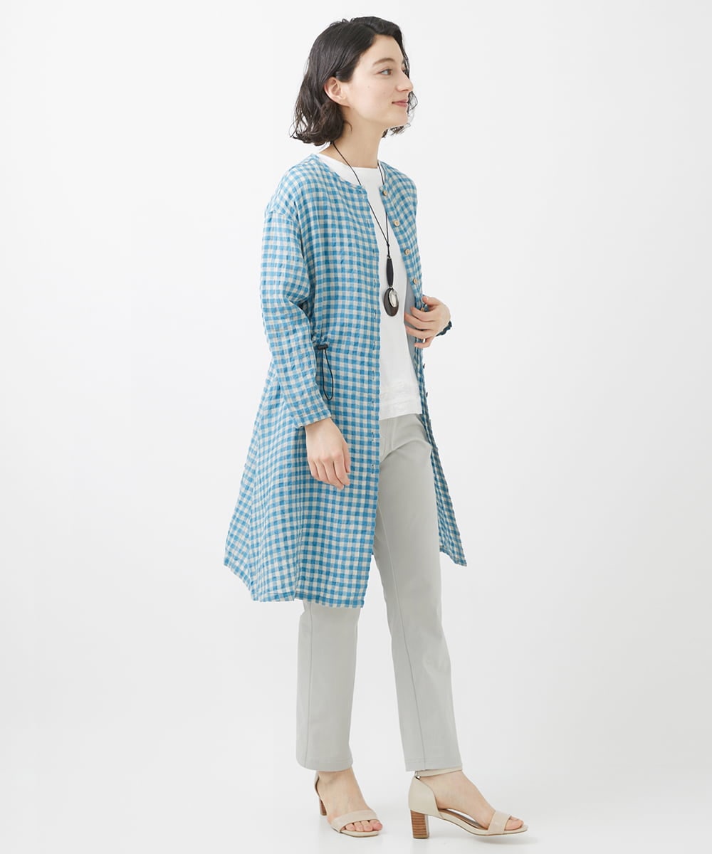 NHBHW04330 GIANNI LO GIUDICE(小さいサイズ)(メゾン ドゥ サンク) 先染めギンガムチェック綿麻ロングブラウス ブルー